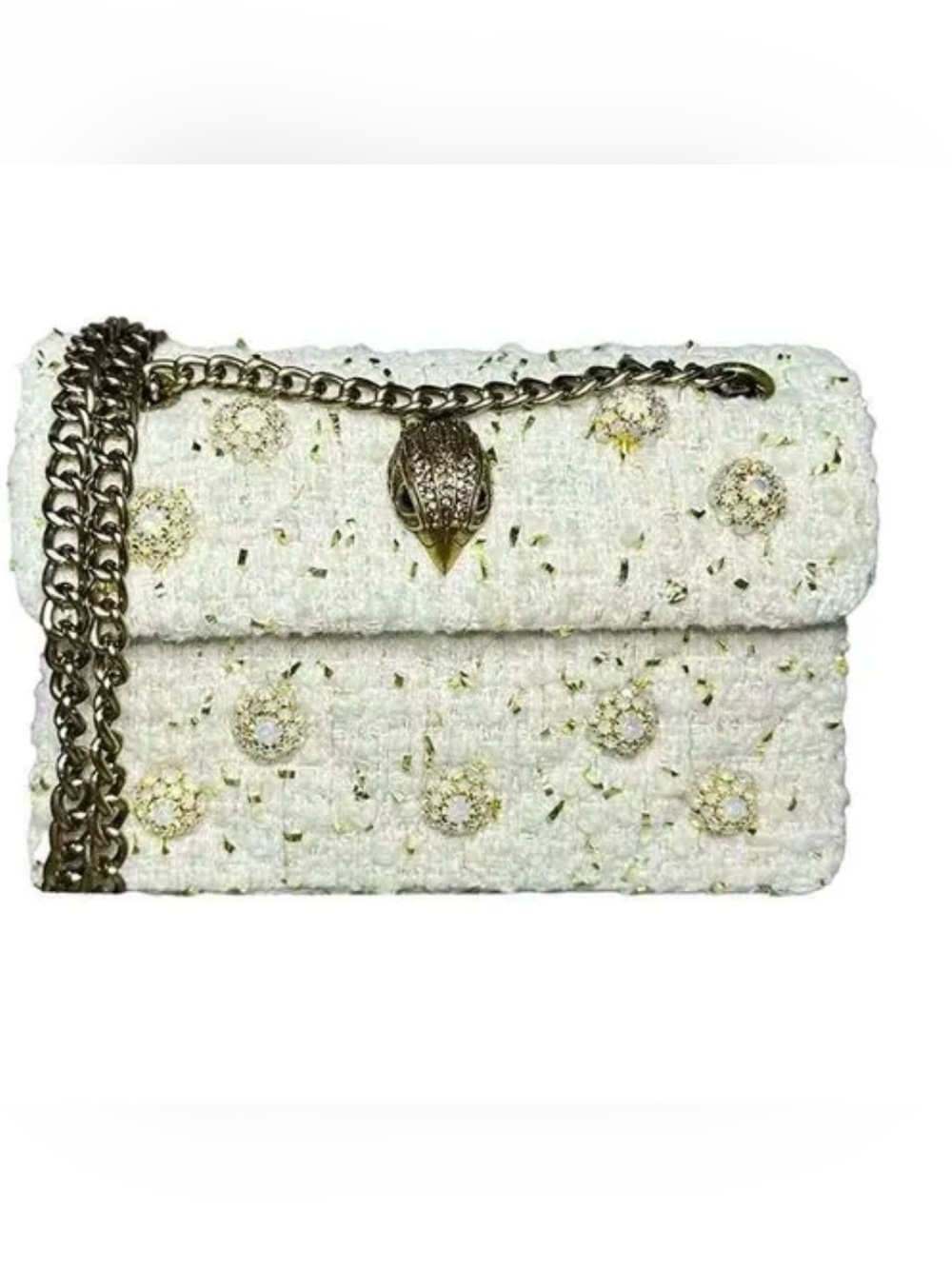 White Tweed Chain Shoulder Bag with Crystal Floral Accents Kurt